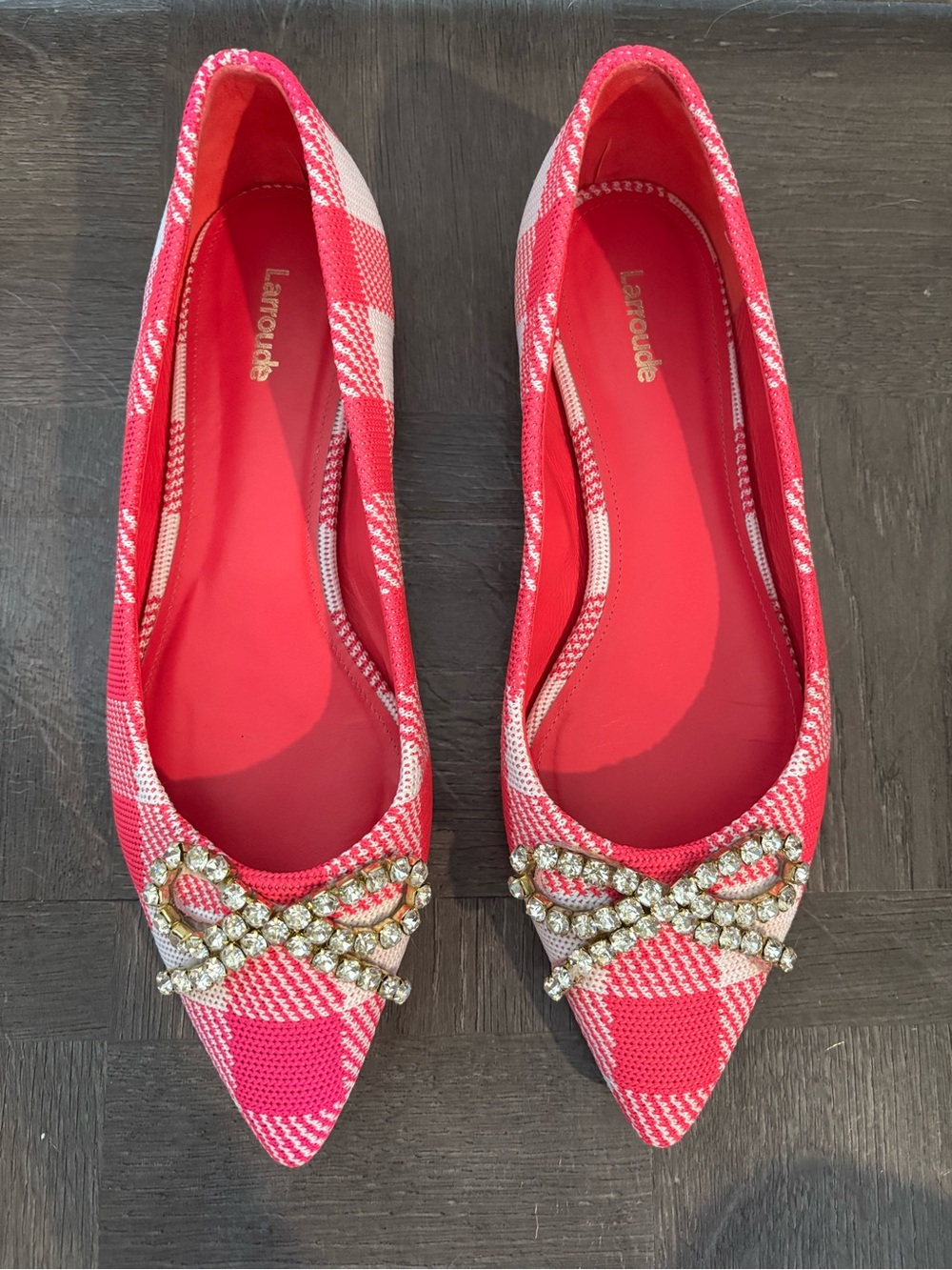 LARROUDE Lee Pink Gingham Ballet Flats Rhinestone Bow Size 9